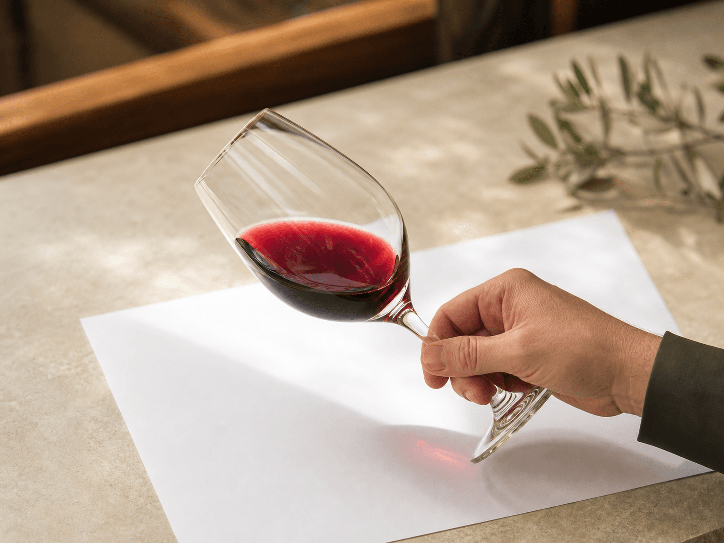 Copa de vino inclinada sobre un fondo blanco para observar su color
